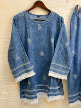 1189 Embroidered Denim Coordset - Mid Blue