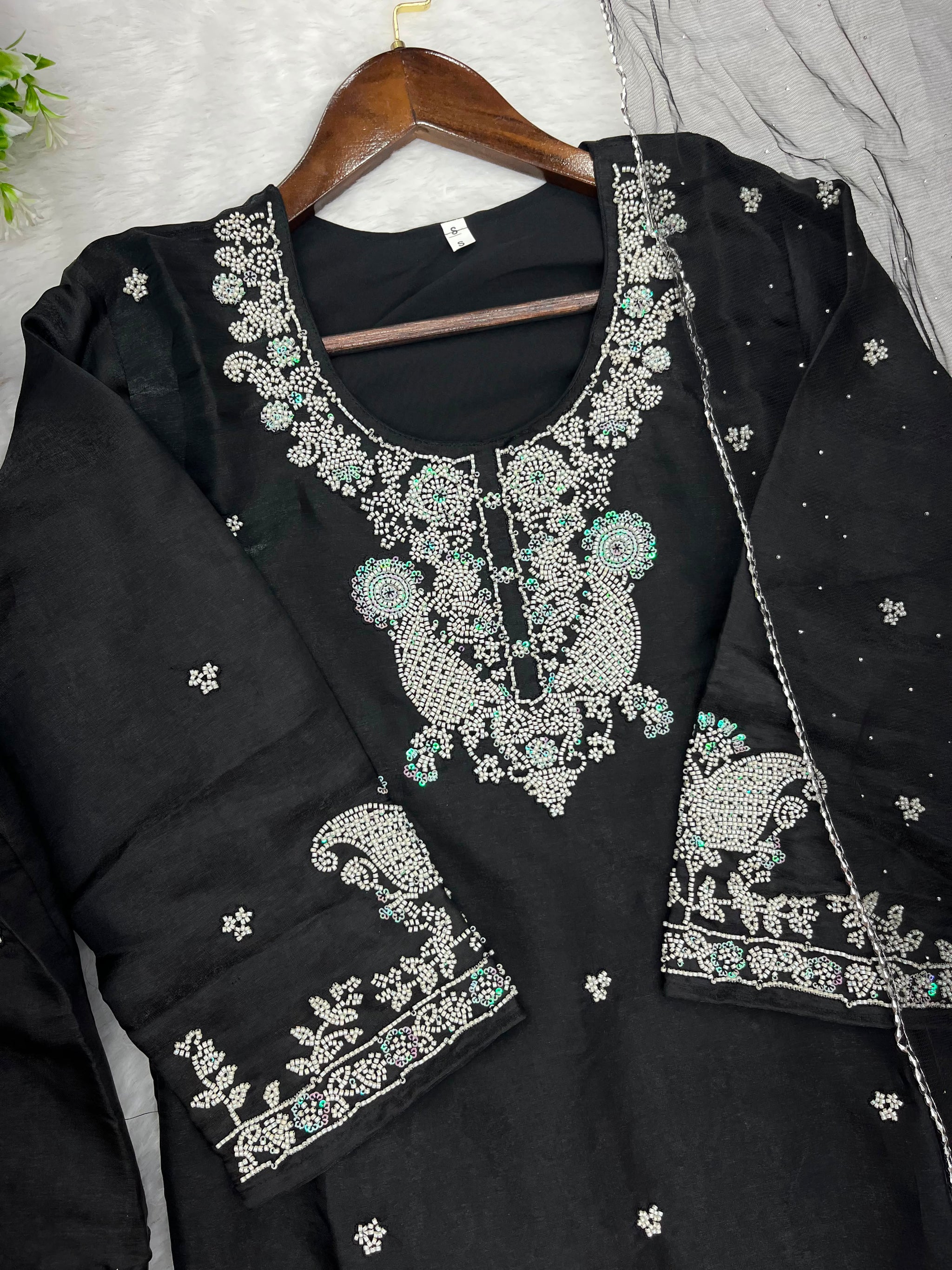 1204 Floral Hand-Work Partywear - Black