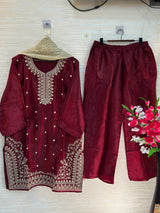 1204 Floral Hand-Work Partywear - Deep Maroon