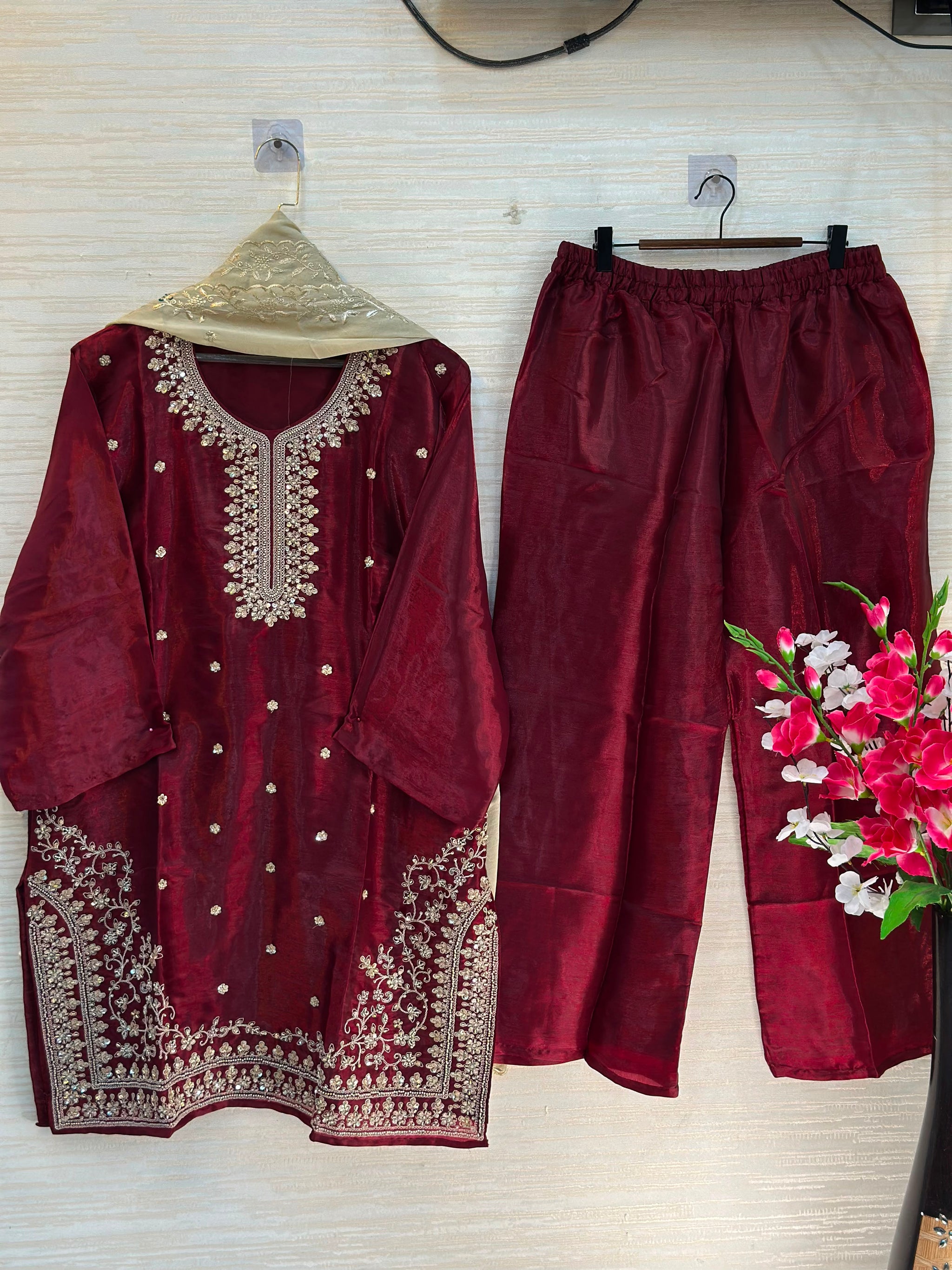 1204 Floral Hand-Work Partywear - Deep Maroon