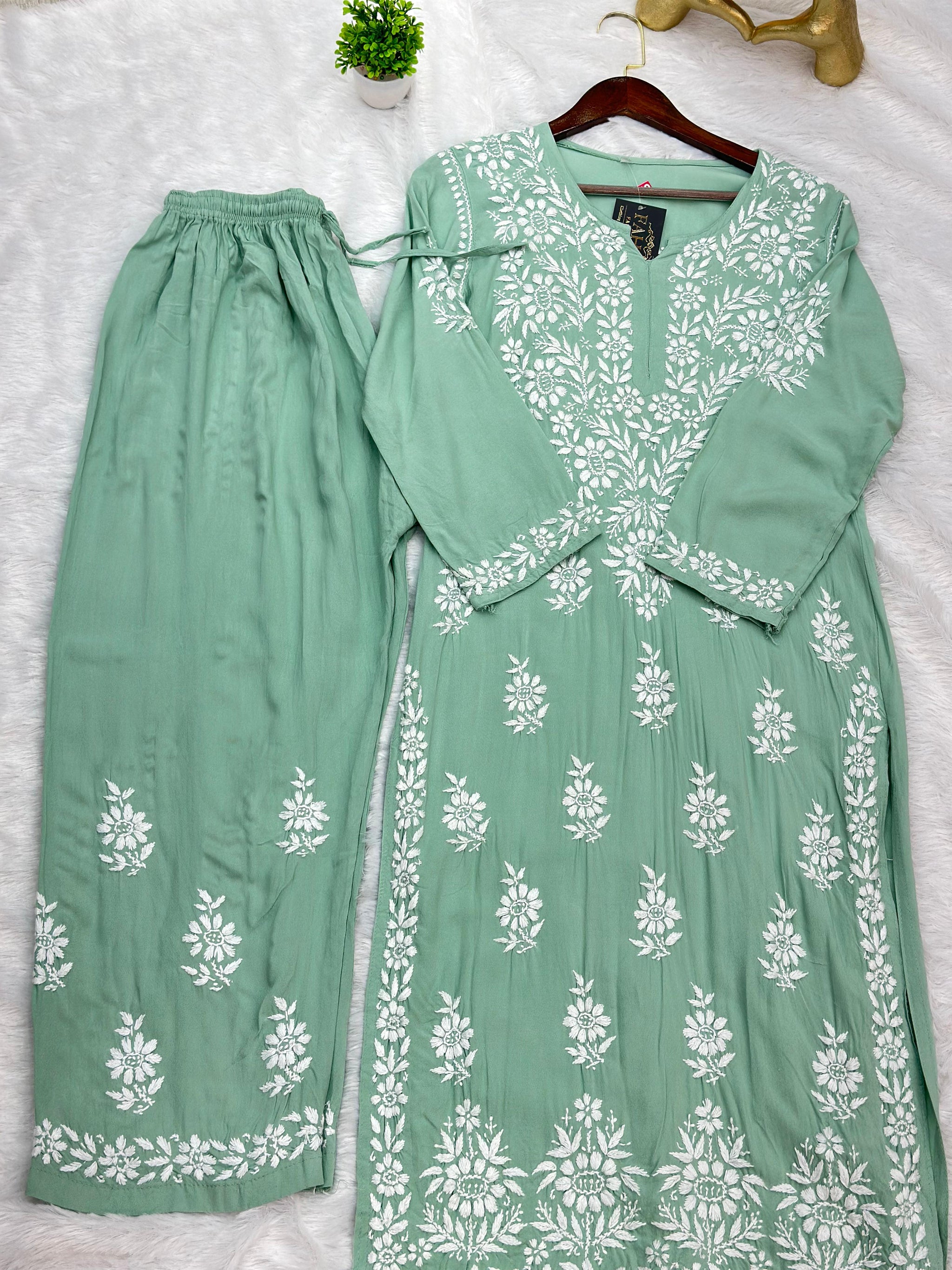 662 Lucknowi Palazzo Set - Pista Green