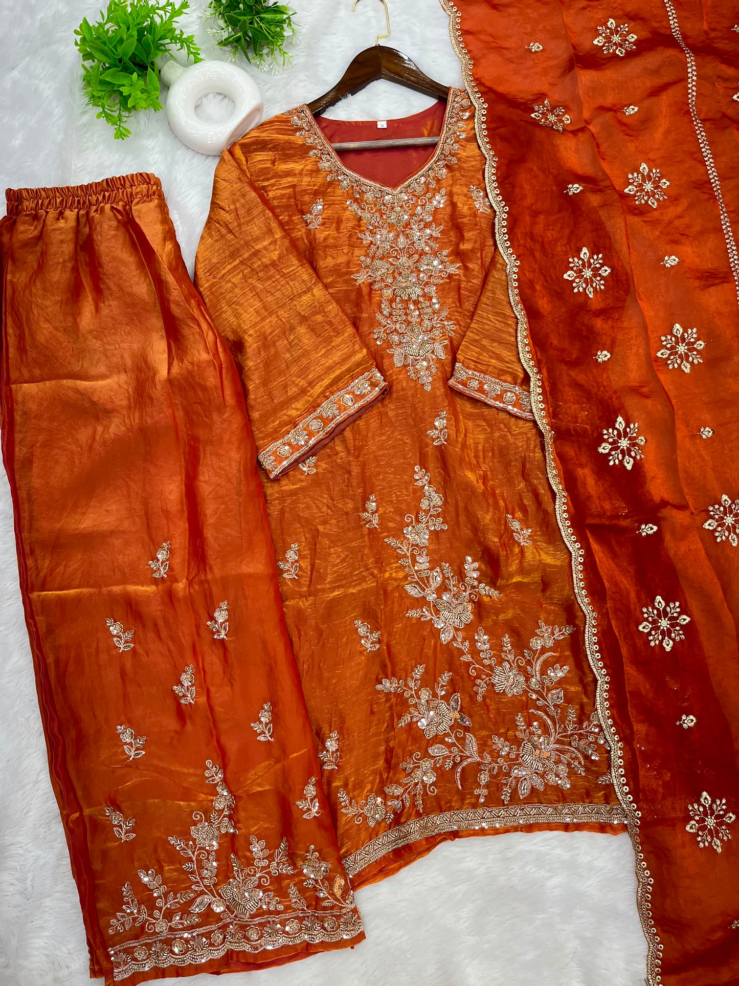 1204 Floral Hand-Work Partywear - Rusty Orange