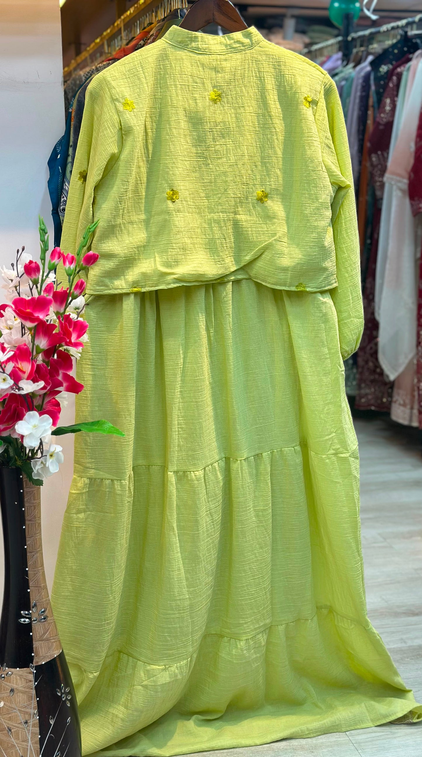 1208 Korean Jacket Gown Set - Lime Yellow