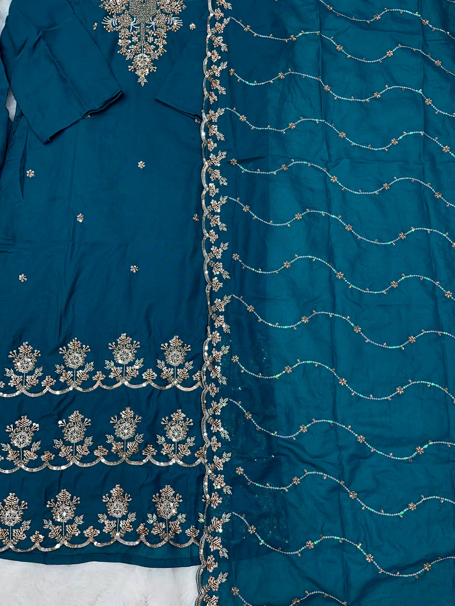1204 Floral Hand-Work Partywear - Teal Blue