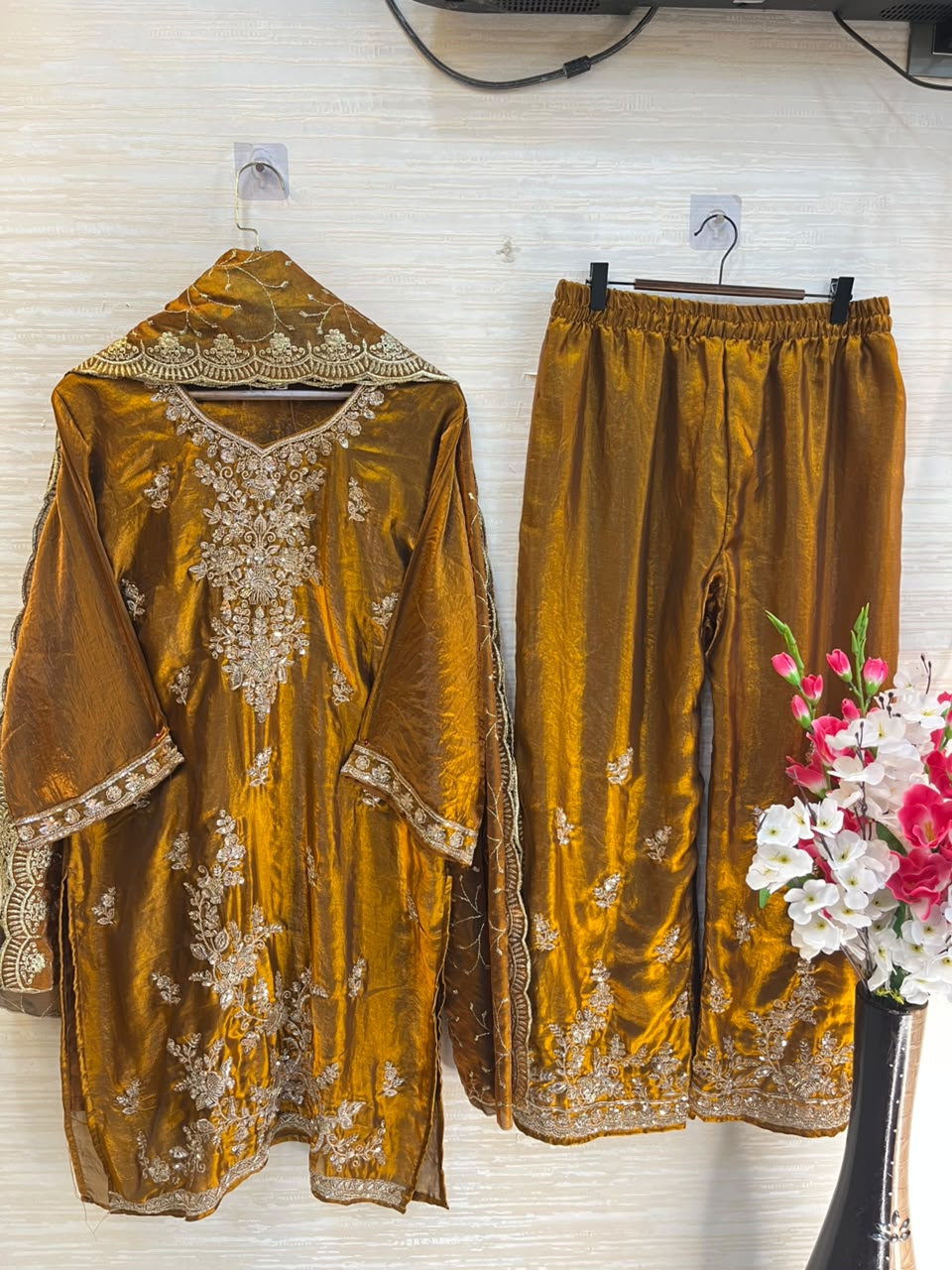 1204 Floral Hand-Work Partywear - Mustard Gold