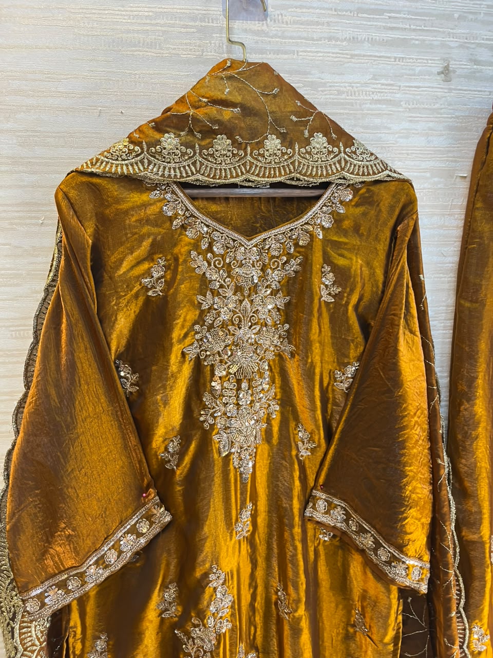 1204 Floral Hand-Work Partywear - Mustard Gold