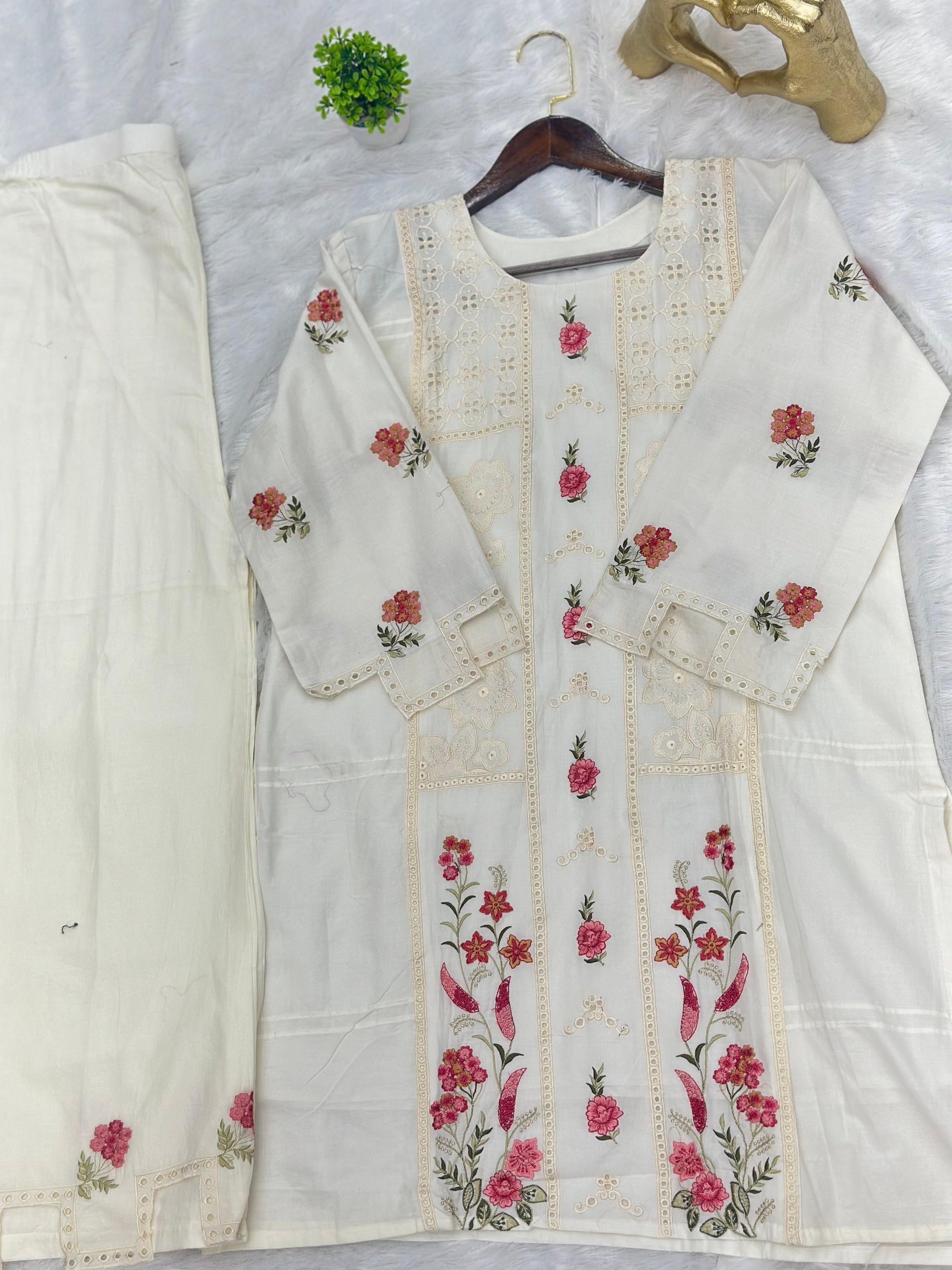660 Premium Pakistani Lawn Cordset Set - Ivory