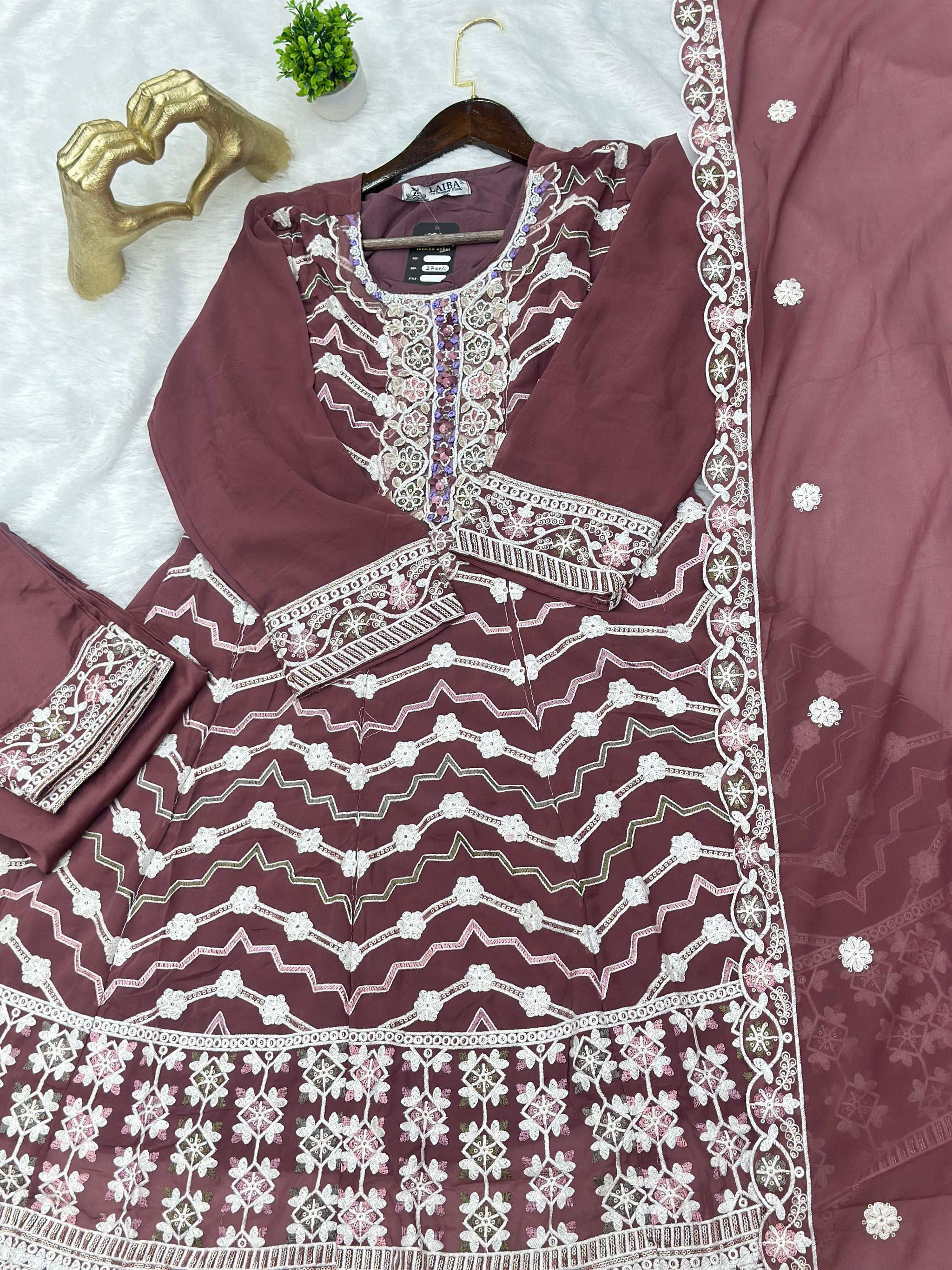 653 Pakistani Embroidered Frock Set - Onion Pink