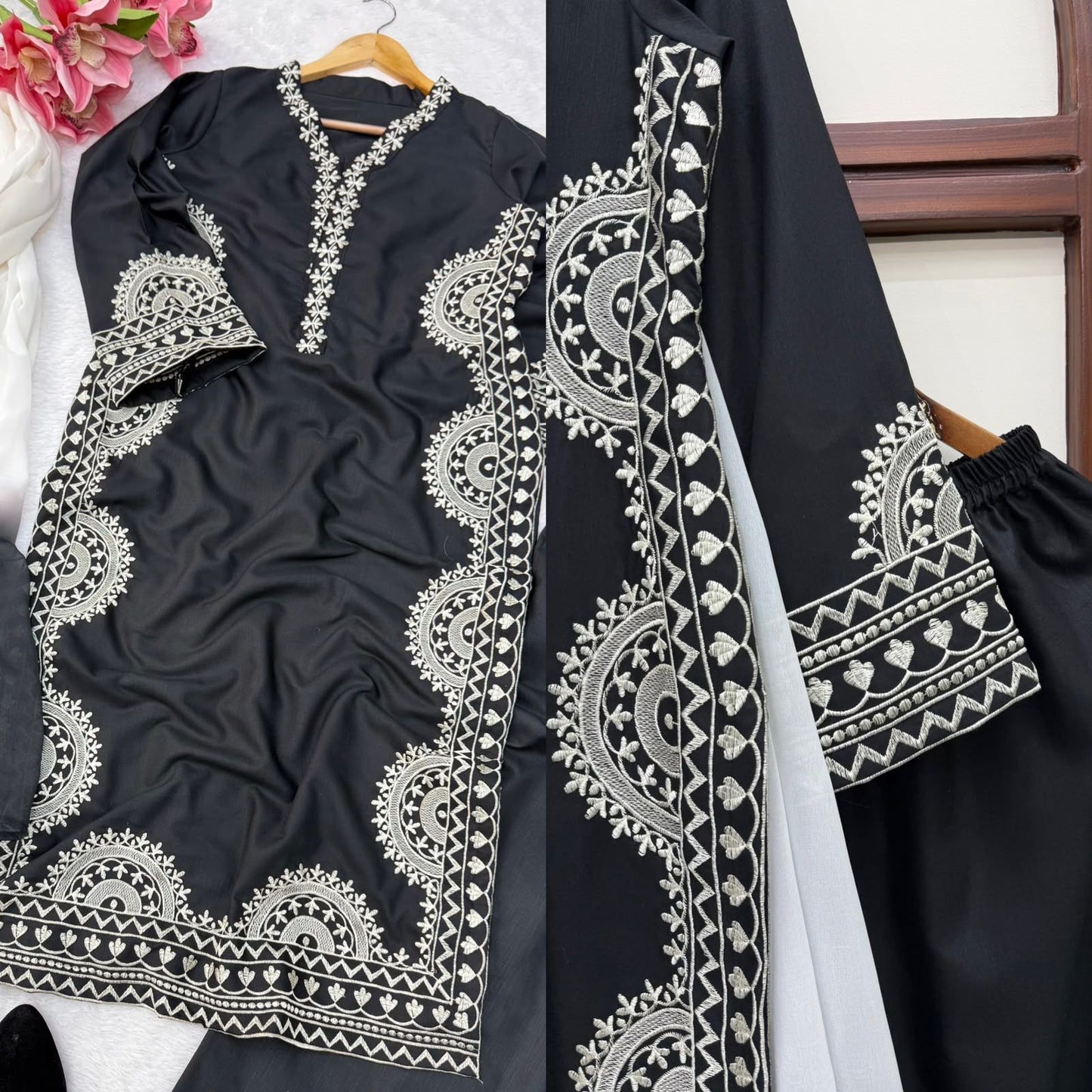 1338 Pakistani Embroidered Coord Set - Black
