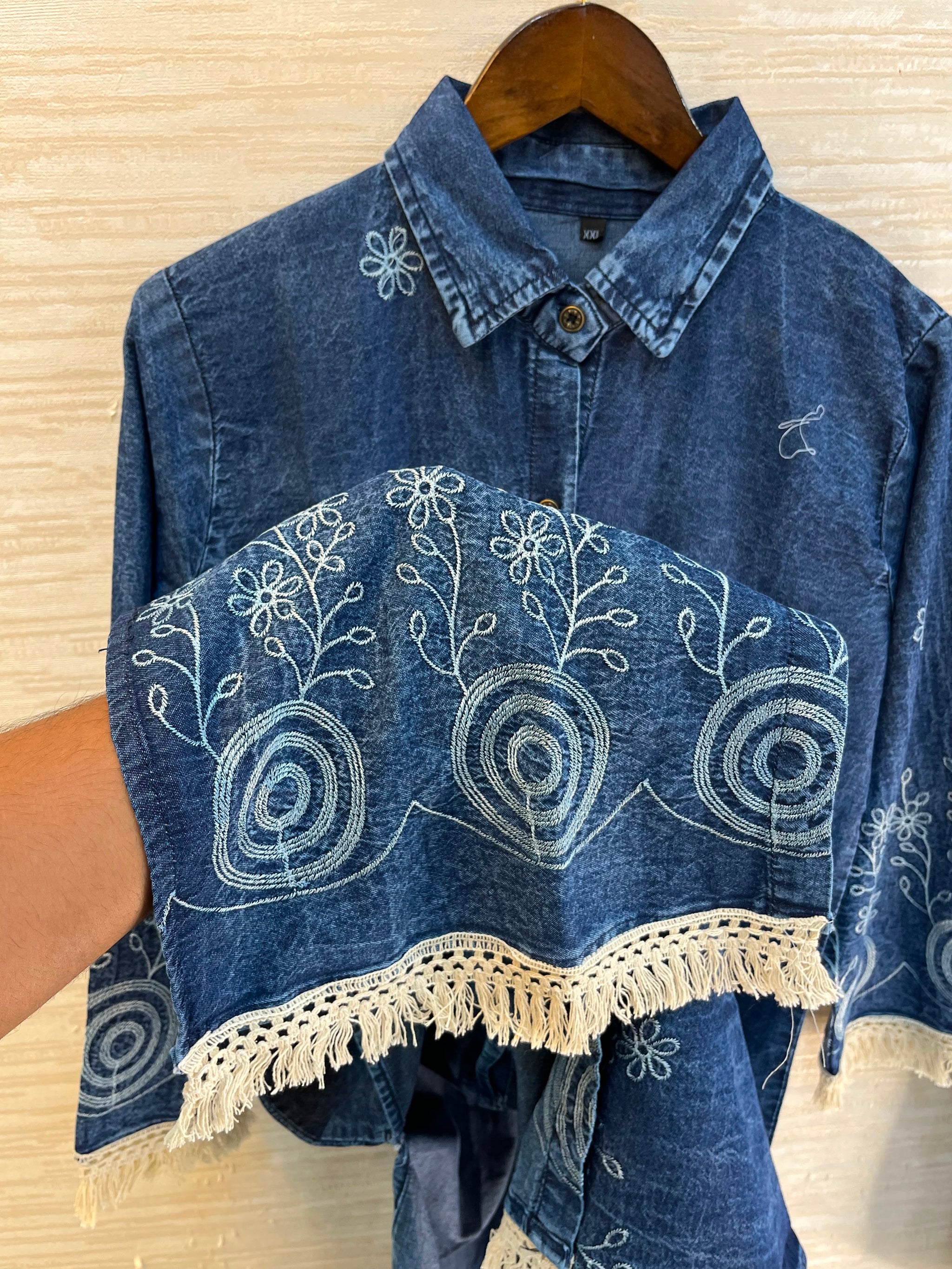 1203 Long Embroidered Denim Coordset - Mid Blue