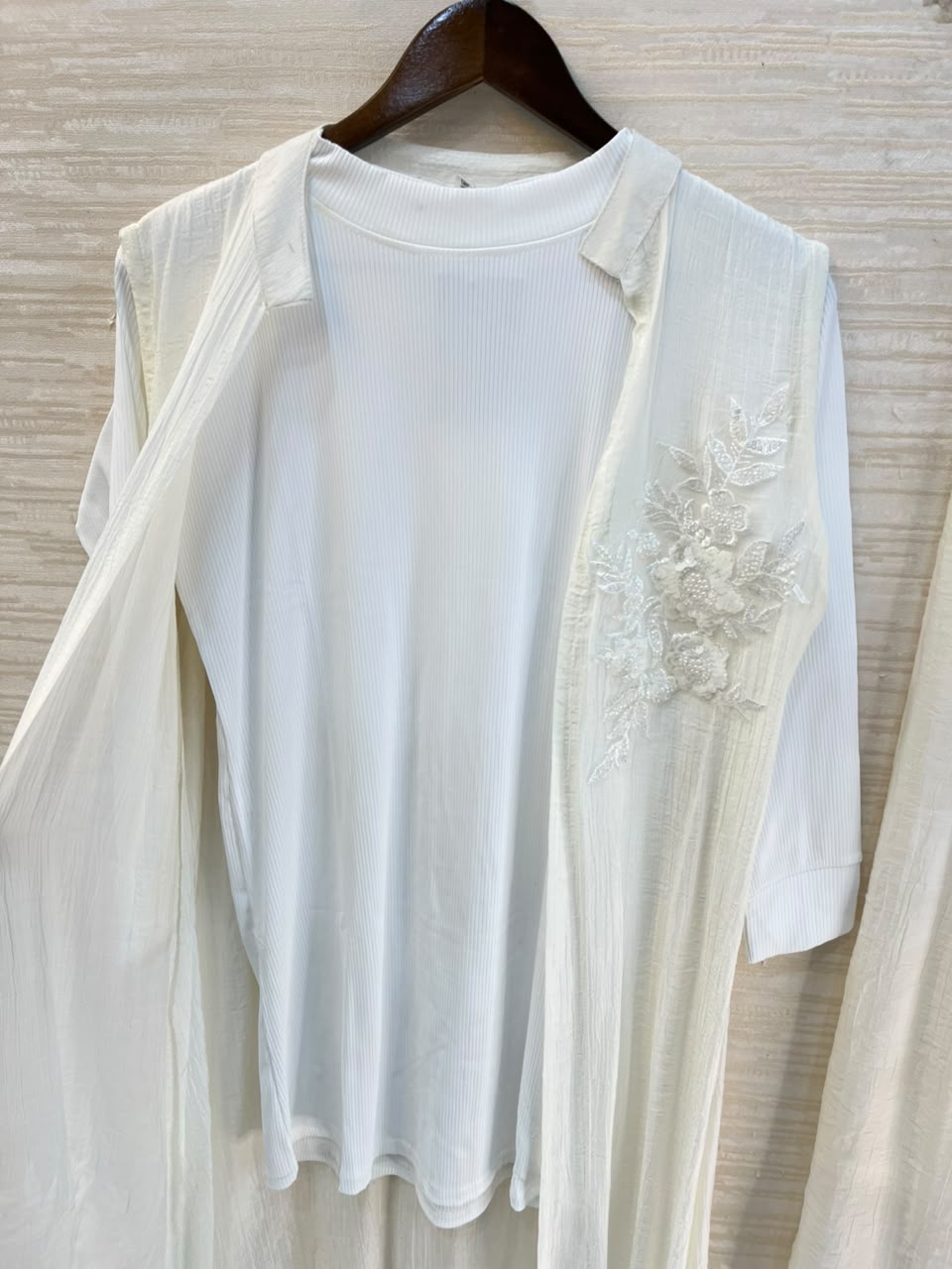 1191 Embroidered Shrug Coord Set - Pearl White