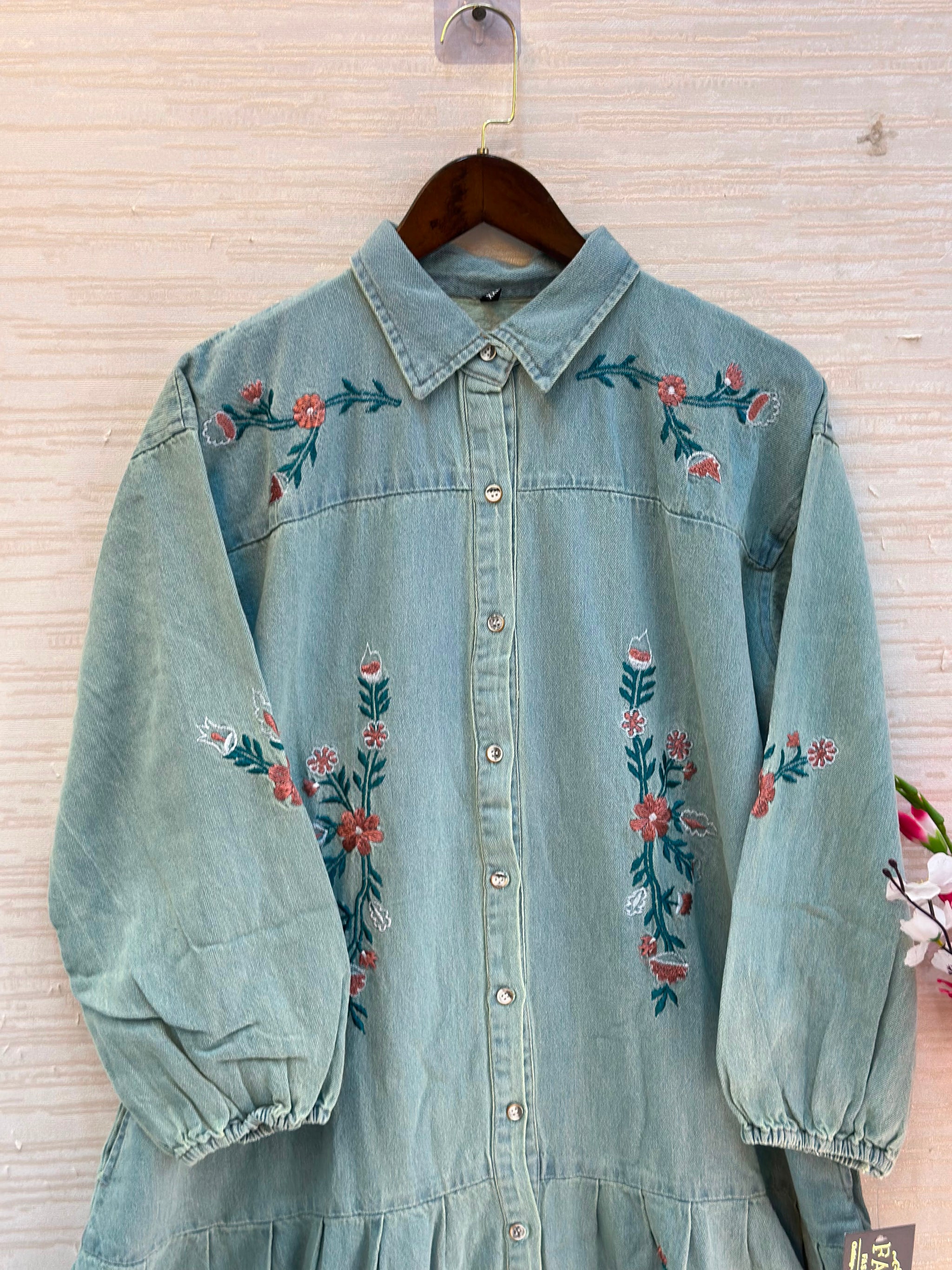 1210 Embroidered Denim Gown - Ice Blue