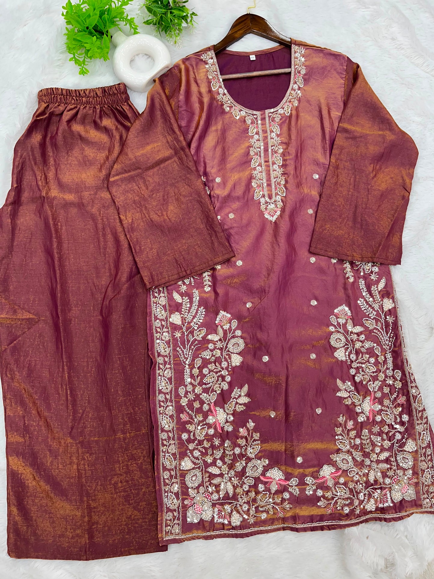1204 Floral Hand-Work Partywear - Brownish Wine