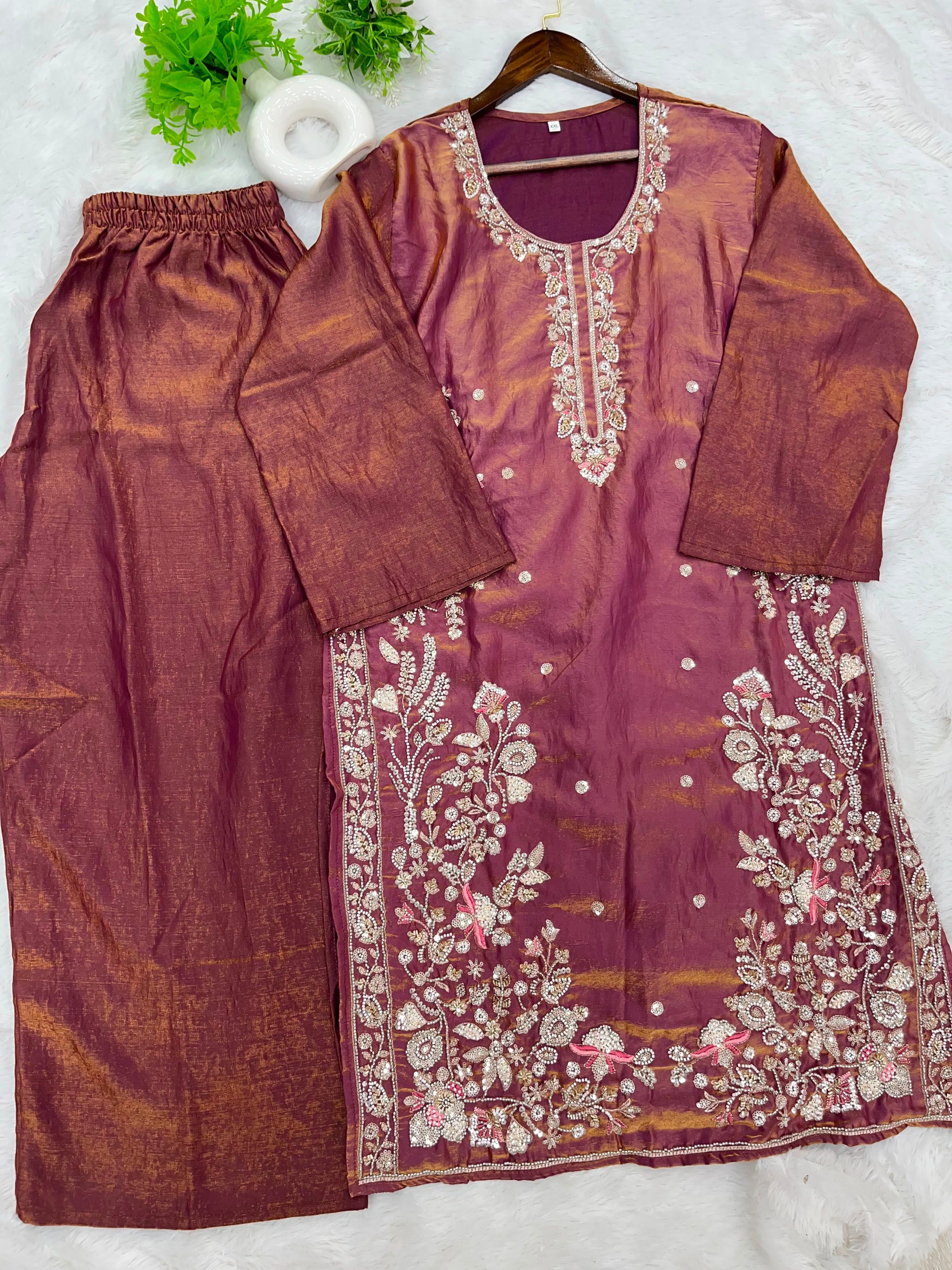 1204 Floral Hand-Work Partywear - Brownish Wine