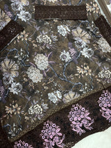1424 Mausumery Foral Lawn Suit - Brown