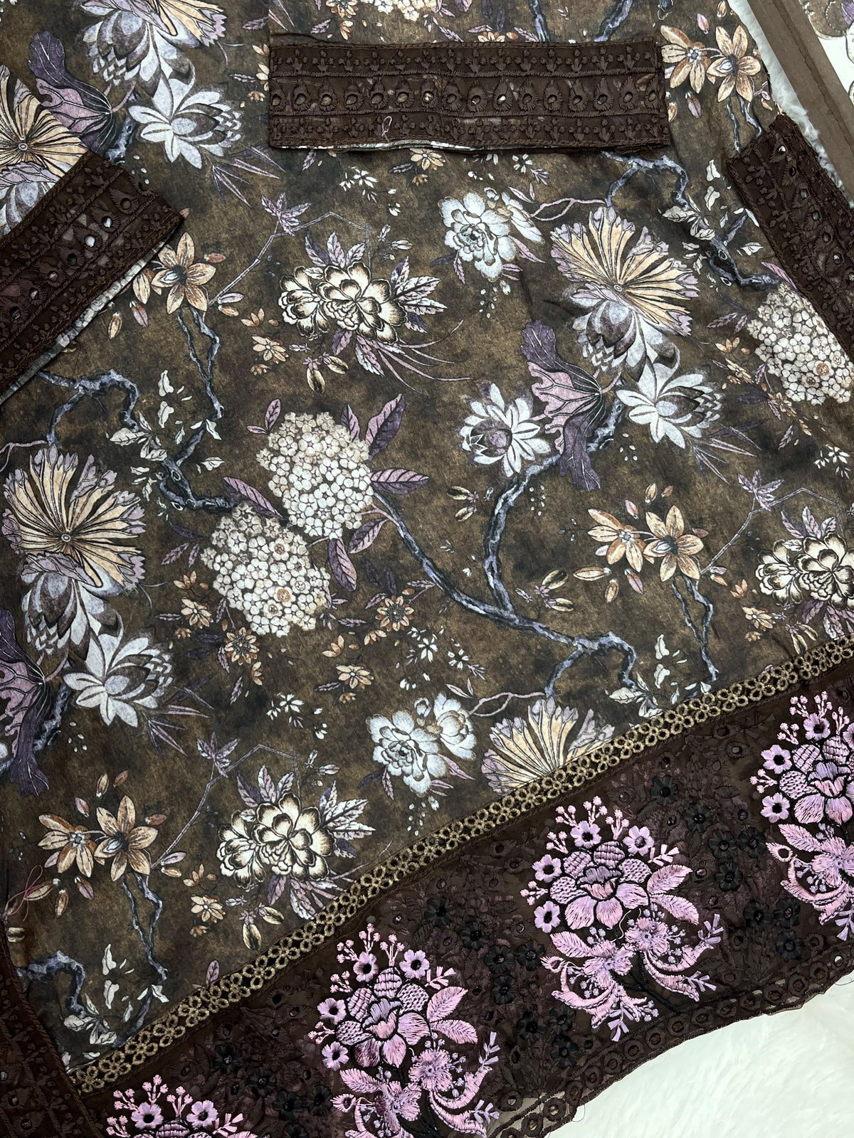 1424 Mausumery Foral Lawn Suit - Brown