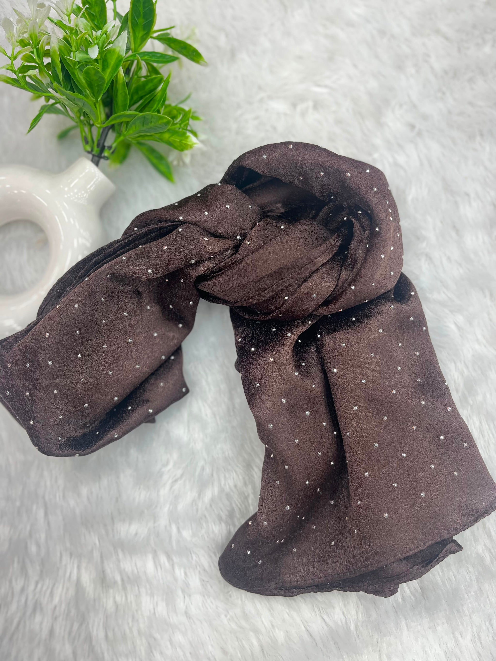 1187 Modest Satin Rhinestone Hijab - Chocolate Brown