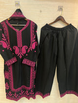 461 Embroidered Rayon Cordset - Black & Pink