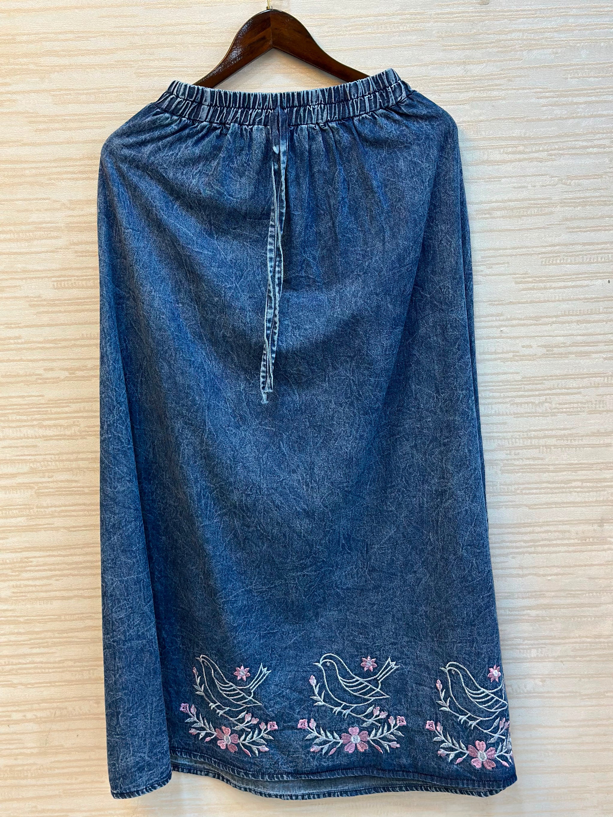 1095 Denim Embroidered Skirt Coord Set - Mid Blue
