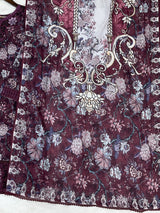 1424 Mausumery Foral Lawn Suit - Plum