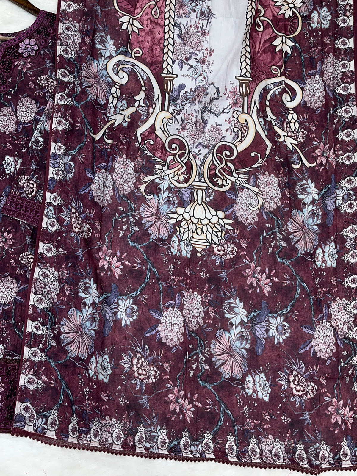 1424 Mausumery Foral Lawn Suit - Plum