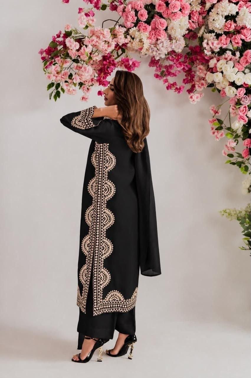 1338 Pakistani Embroidered Coord Set - Black