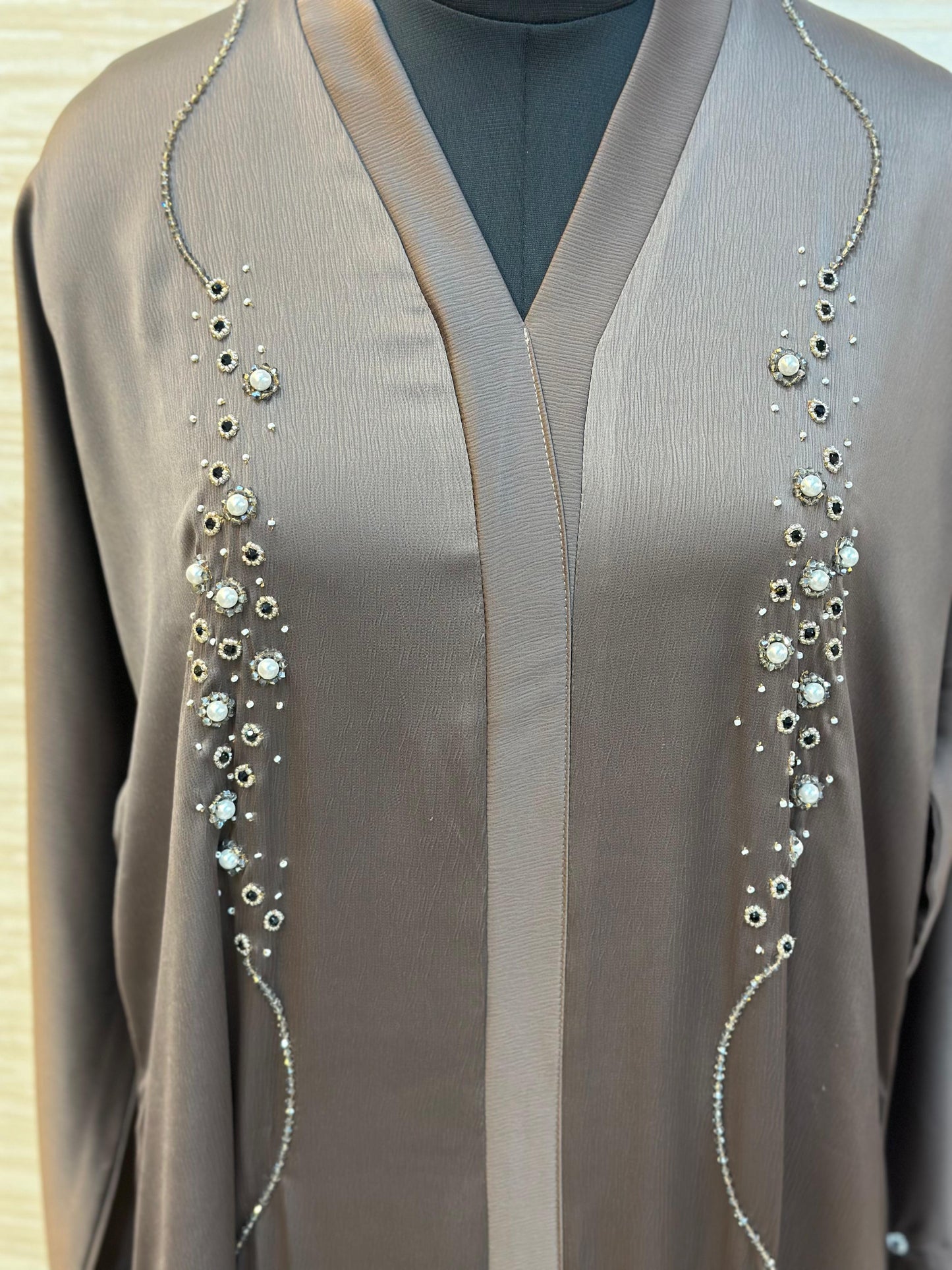 334 Midnight Pearl Embellished Abaya Set - Brownish Taupe