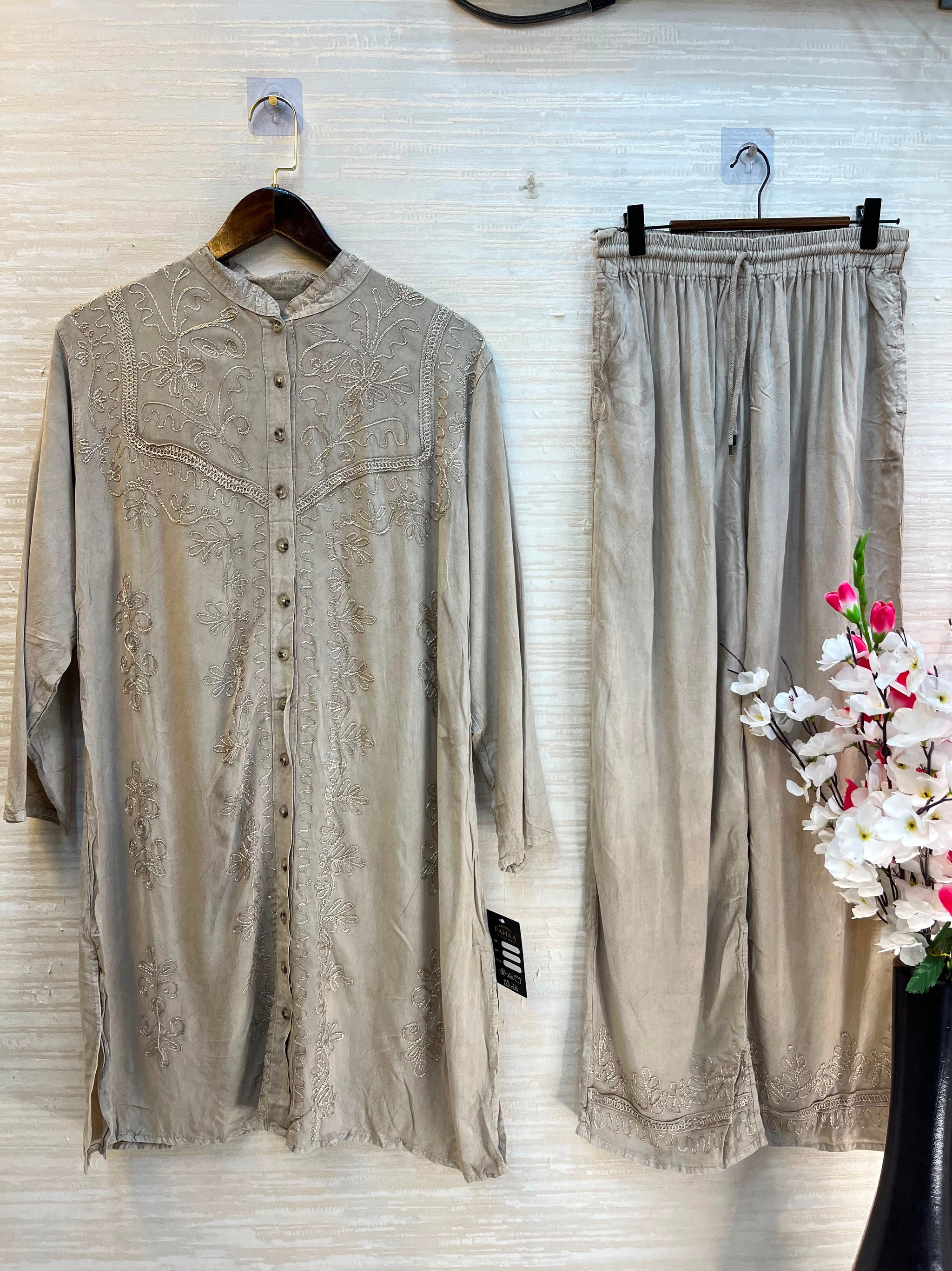 1205 Kashmiri Embroidered Coord Set - Ash Grey