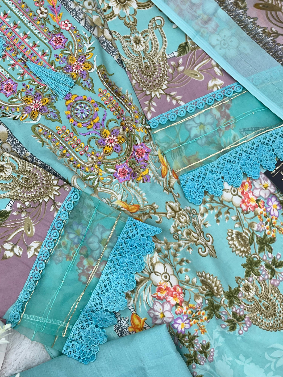 1449 Pakistani Embroidered Suit - Aqua Blue