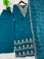 1204 Floral Hand-Work Partywear - Teal Blue