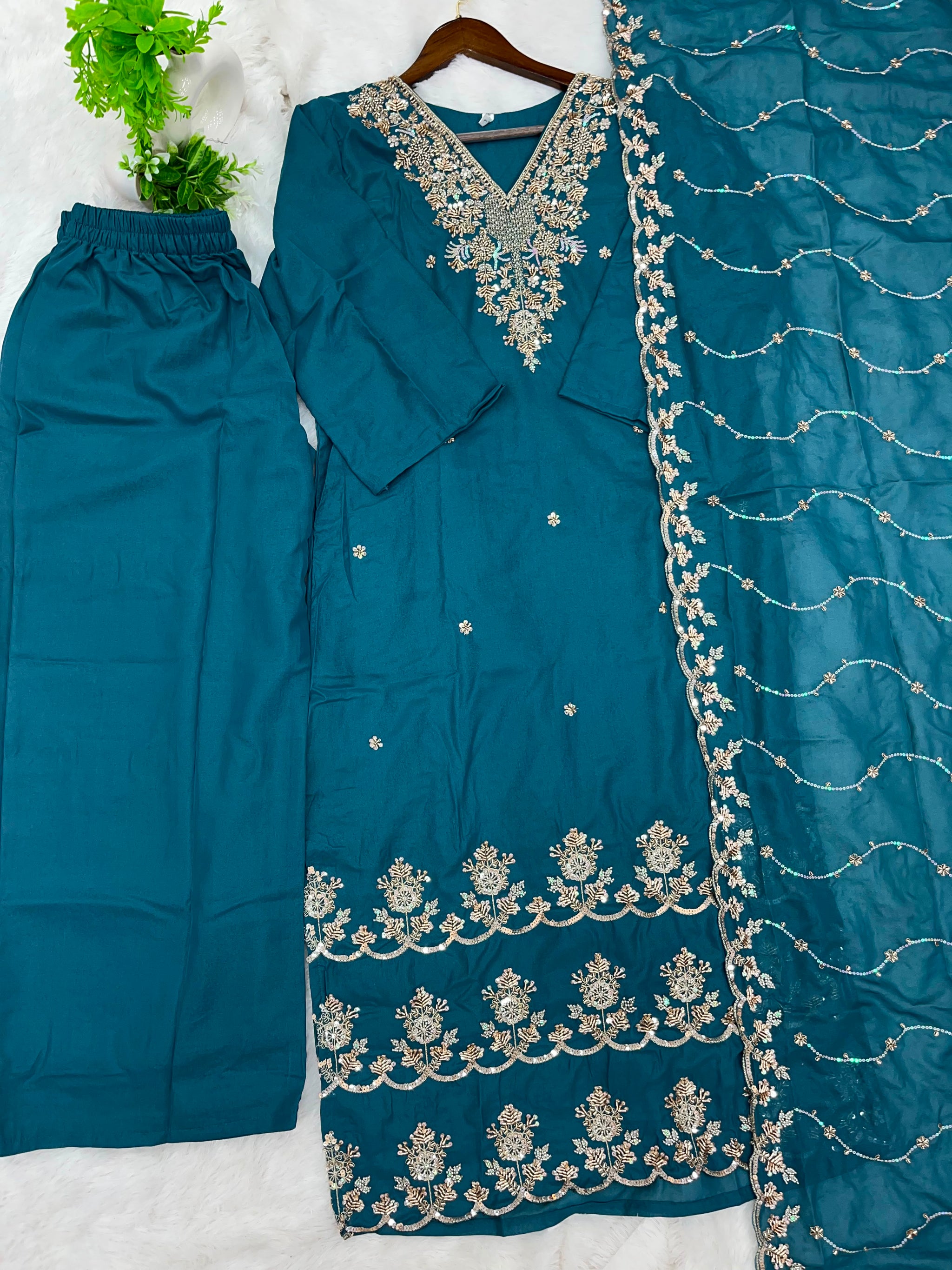 1204 Floral Hand-Work Partywear - Teal Blue