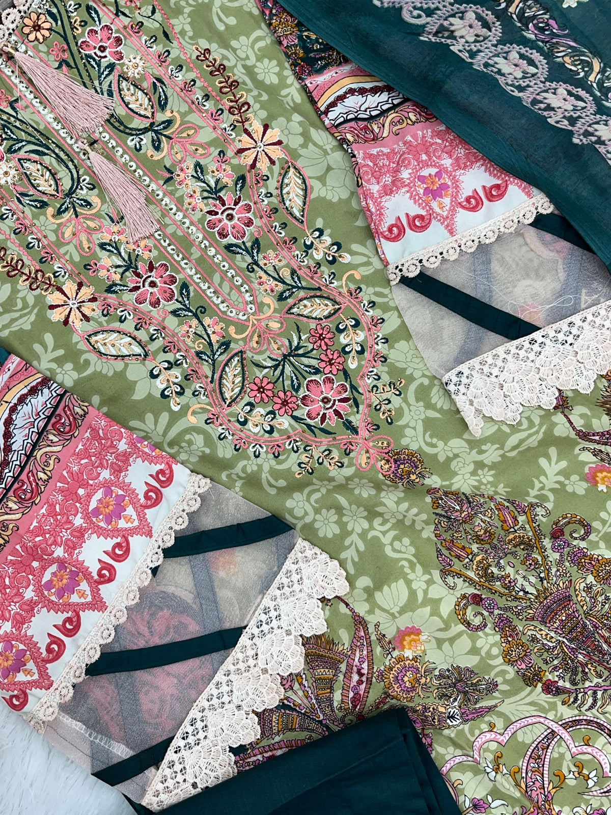 1449 Pakistani Embroidered Suit - Pista Green