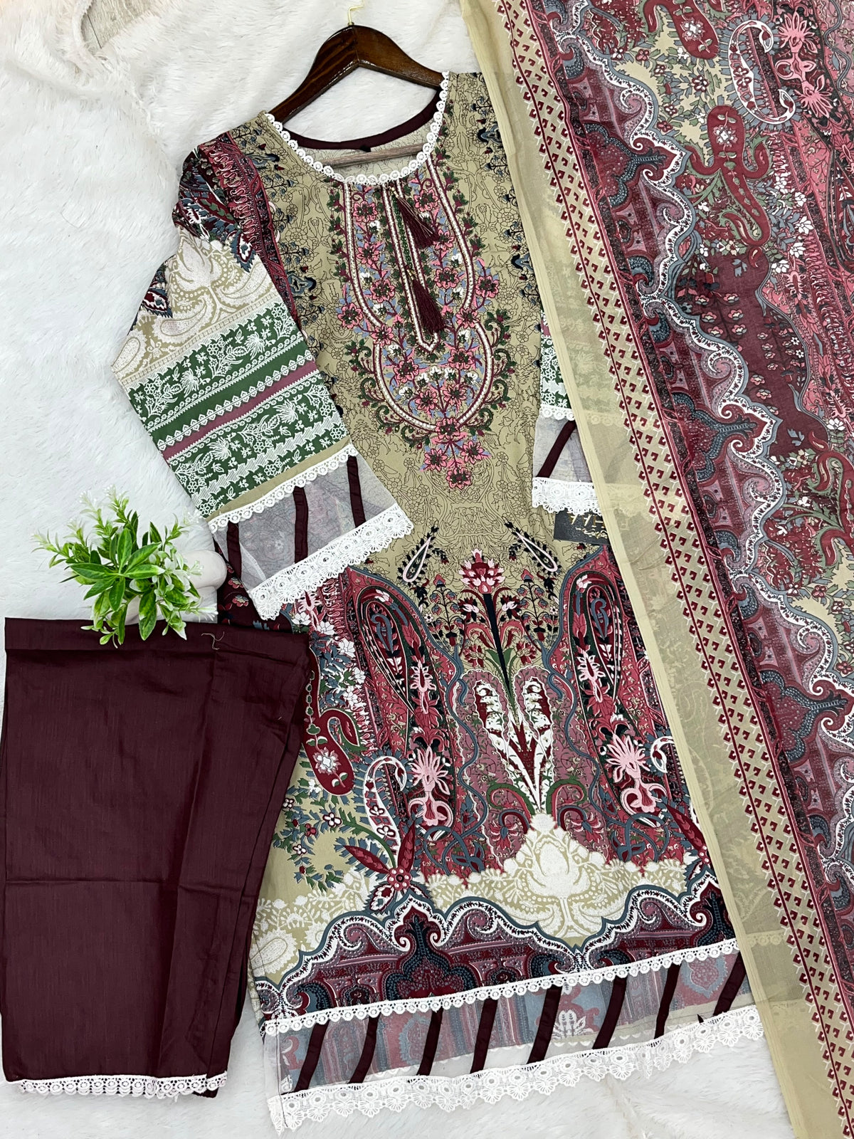 1449 Pakistani Embroidered Suit - Olive Beige