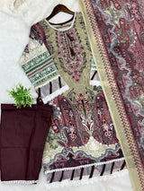 1449 Pakistani Embroidered Suit - Olive Beige