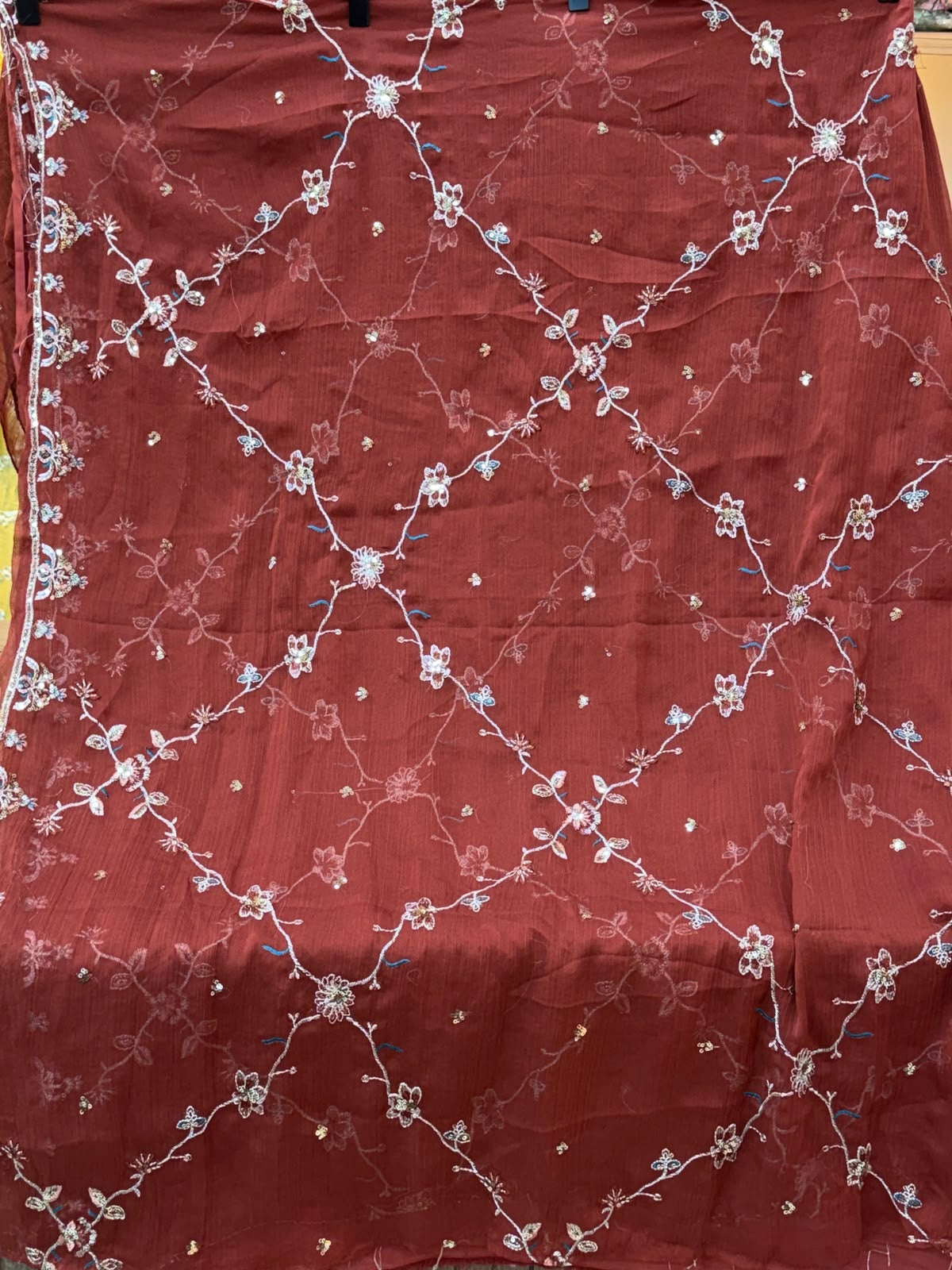 1444 Pakistani Unstitched Partywear - Reddish Brown