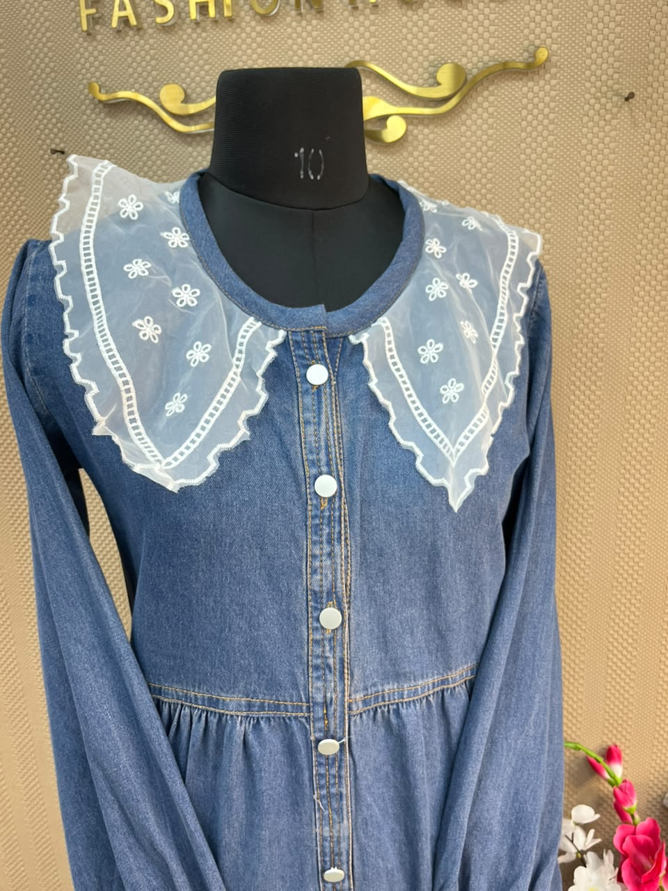 1229 Embroidered Denim Gown - Blue