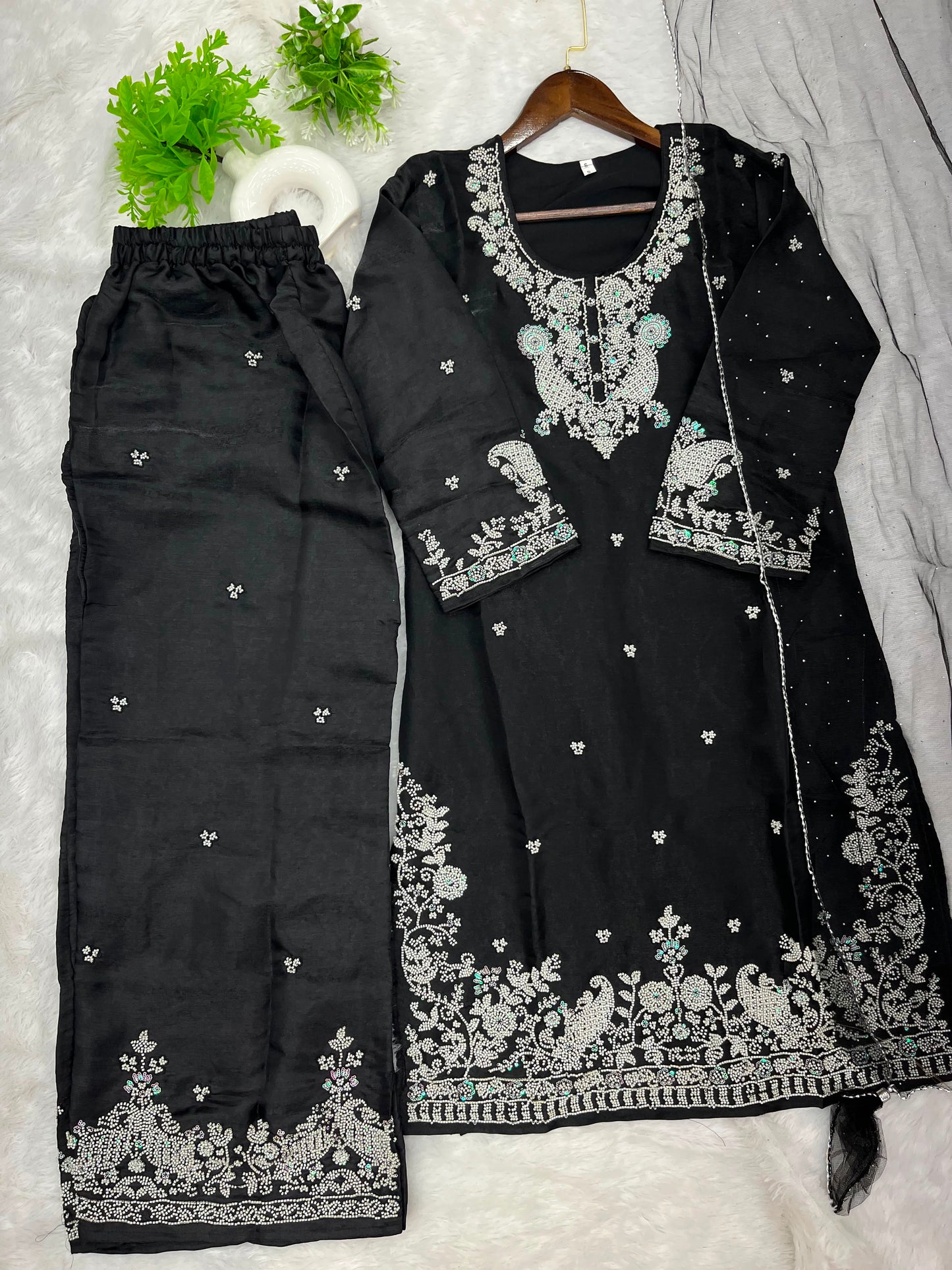 1204 Floral Hand-Work Partywear - Black