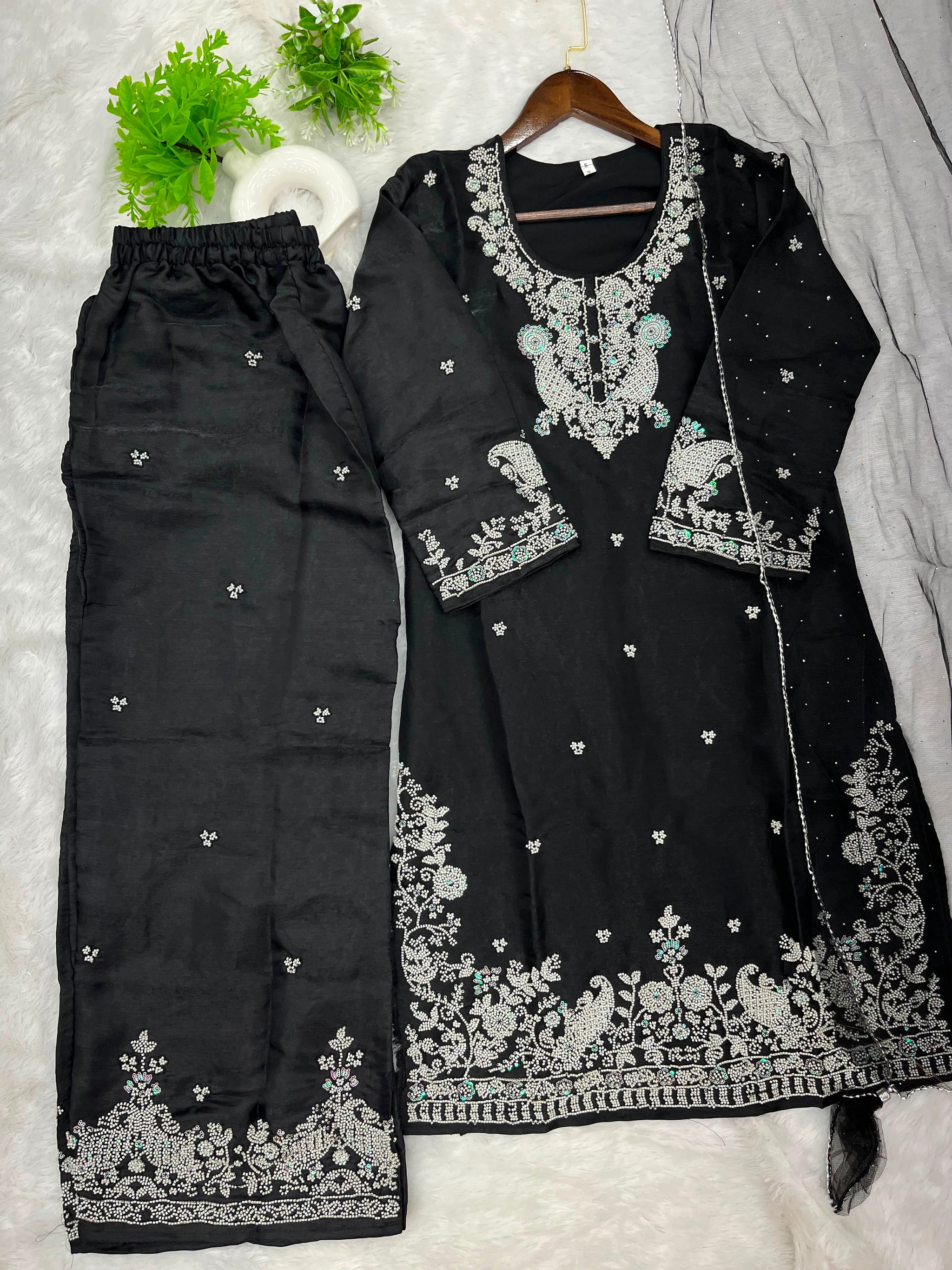 1204 Floral Hand-Work Partywear - Black