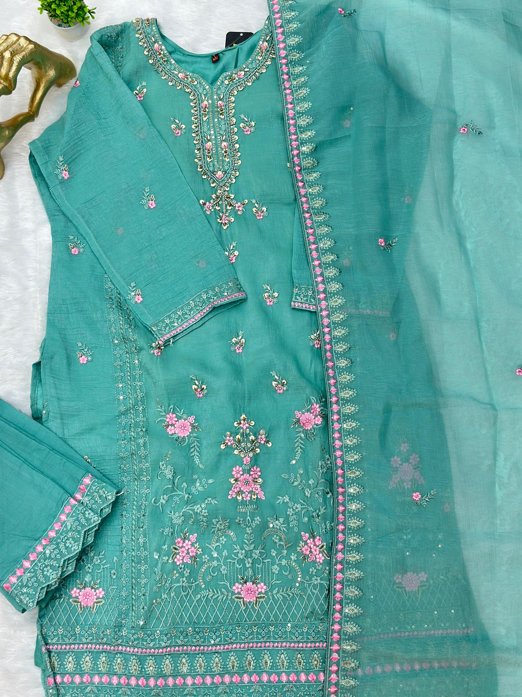 651 Pakistani Floral Party Wear Set - Aqua