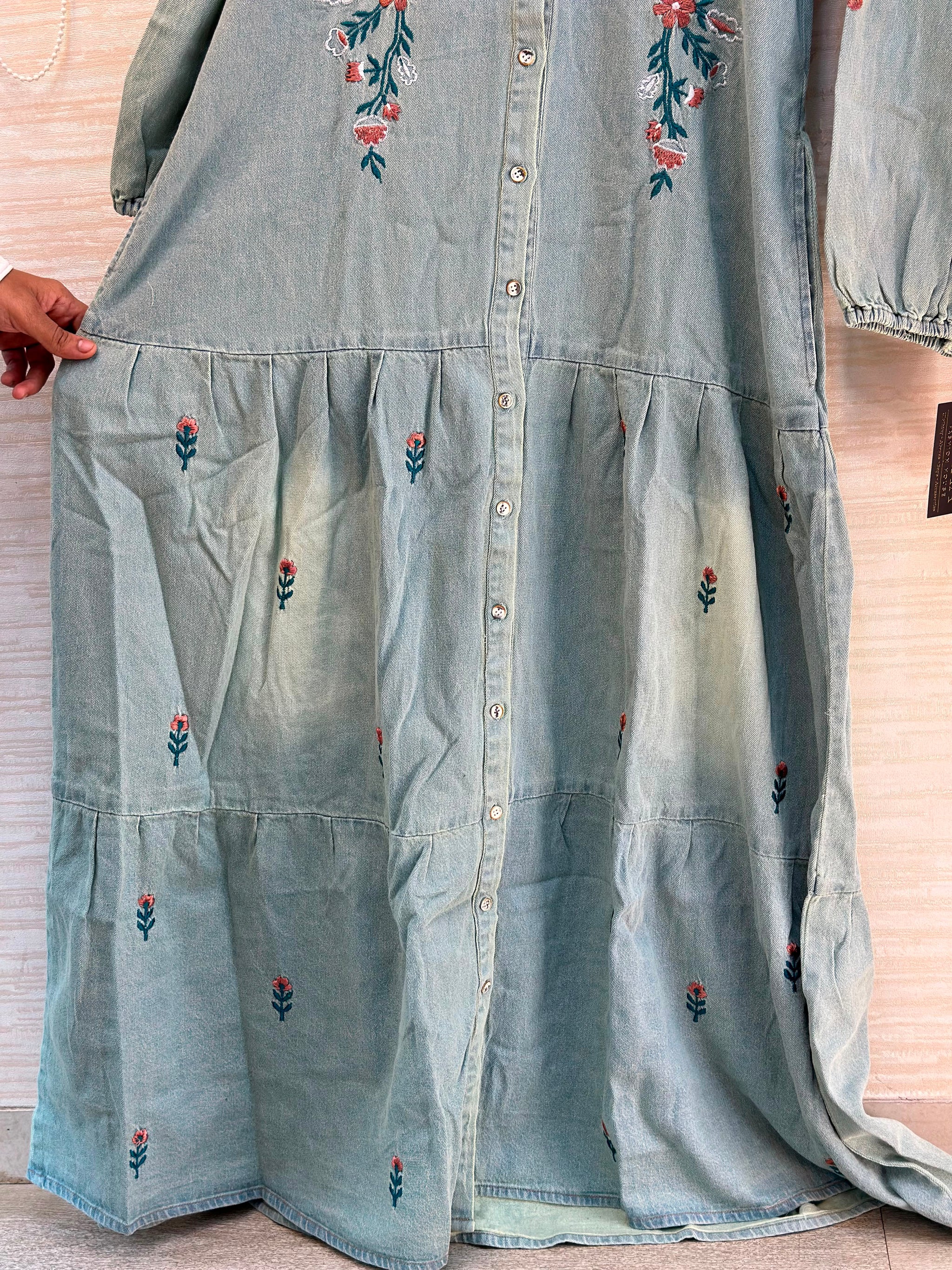 1210 Embroidered Denim Gown - Ice Blue
