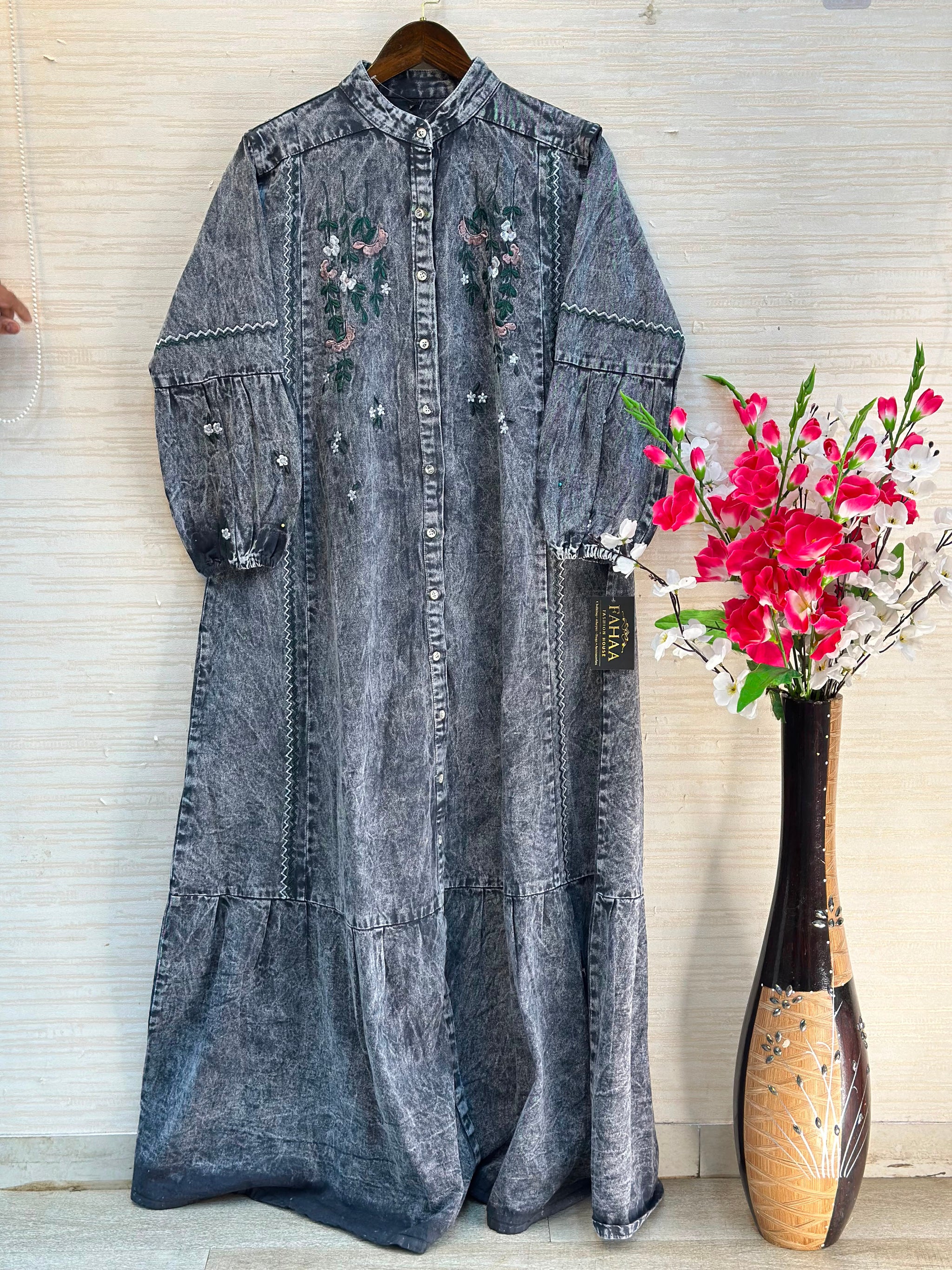 1210 Embroidered Denim Gown - Acid Grey
