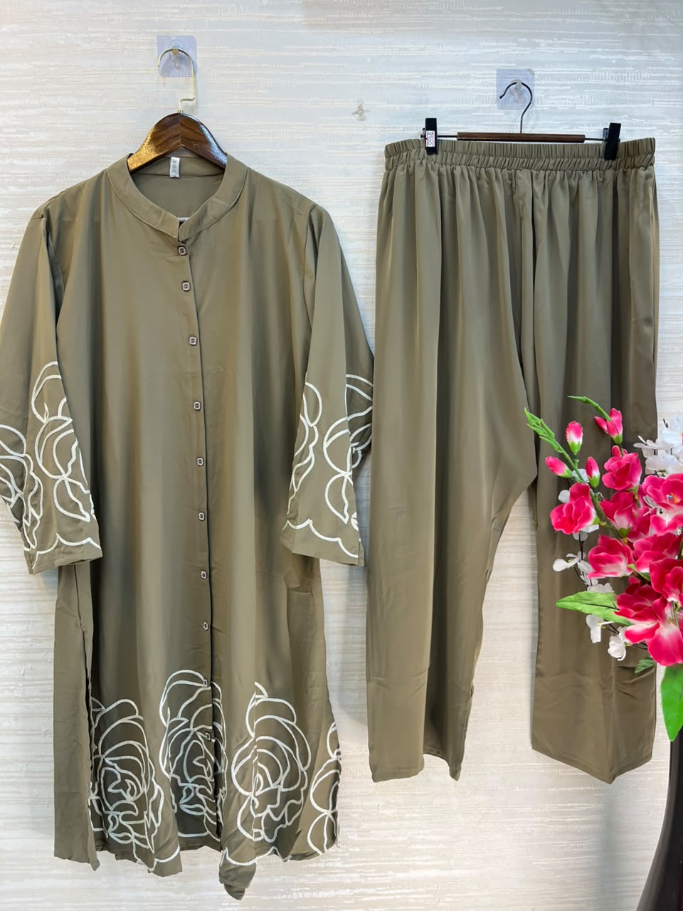 1194 Floral Embroidered Coord Set - Khaki Green