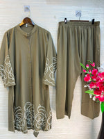 1194 Floral Embroidered Coord Set - Khaki Green