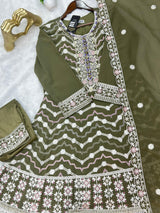 653 Pakistani Embroidered Frock Set - Mehendi Green