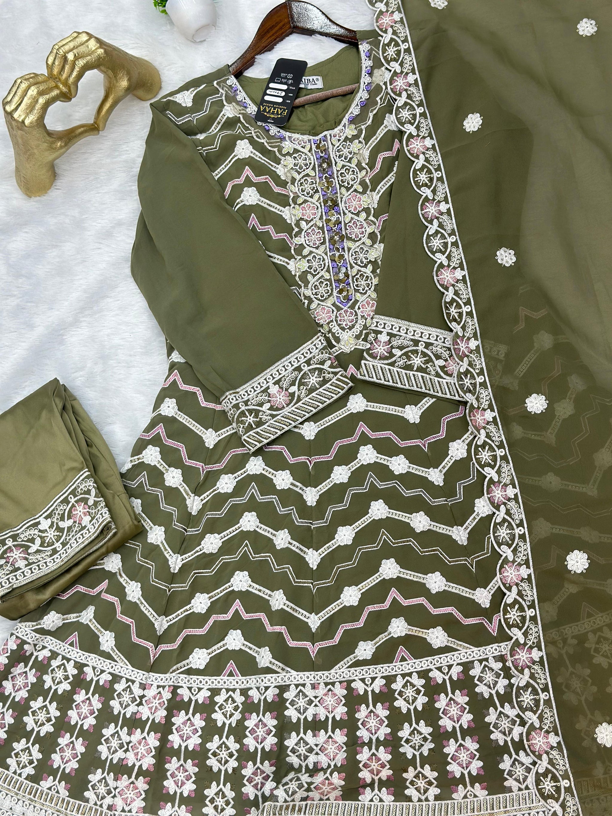653 Pakistani Embroidered Frock Set - Mehendi Green