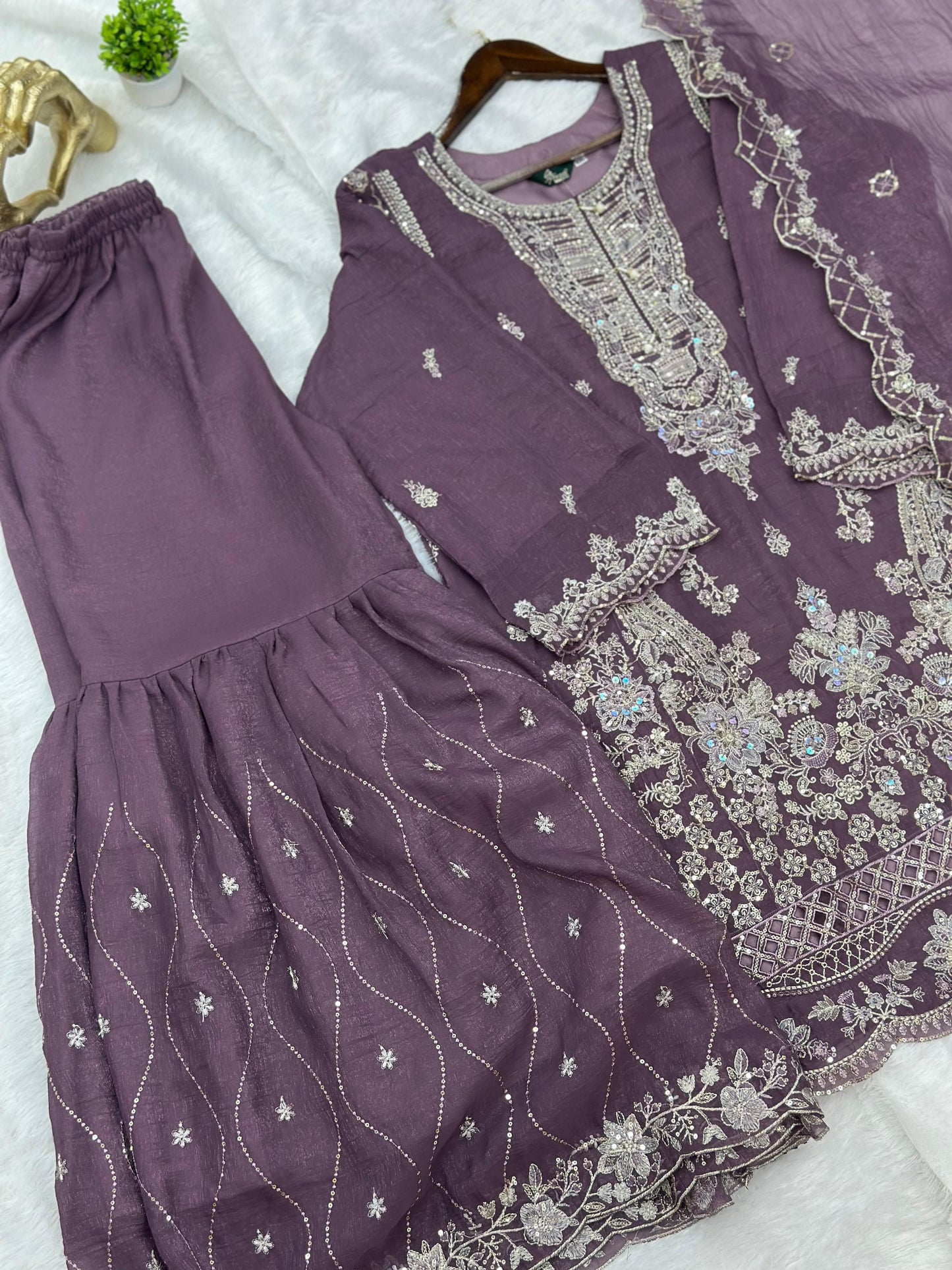 655 Pakistani Party-wear Gharara Set - Dusty Plum