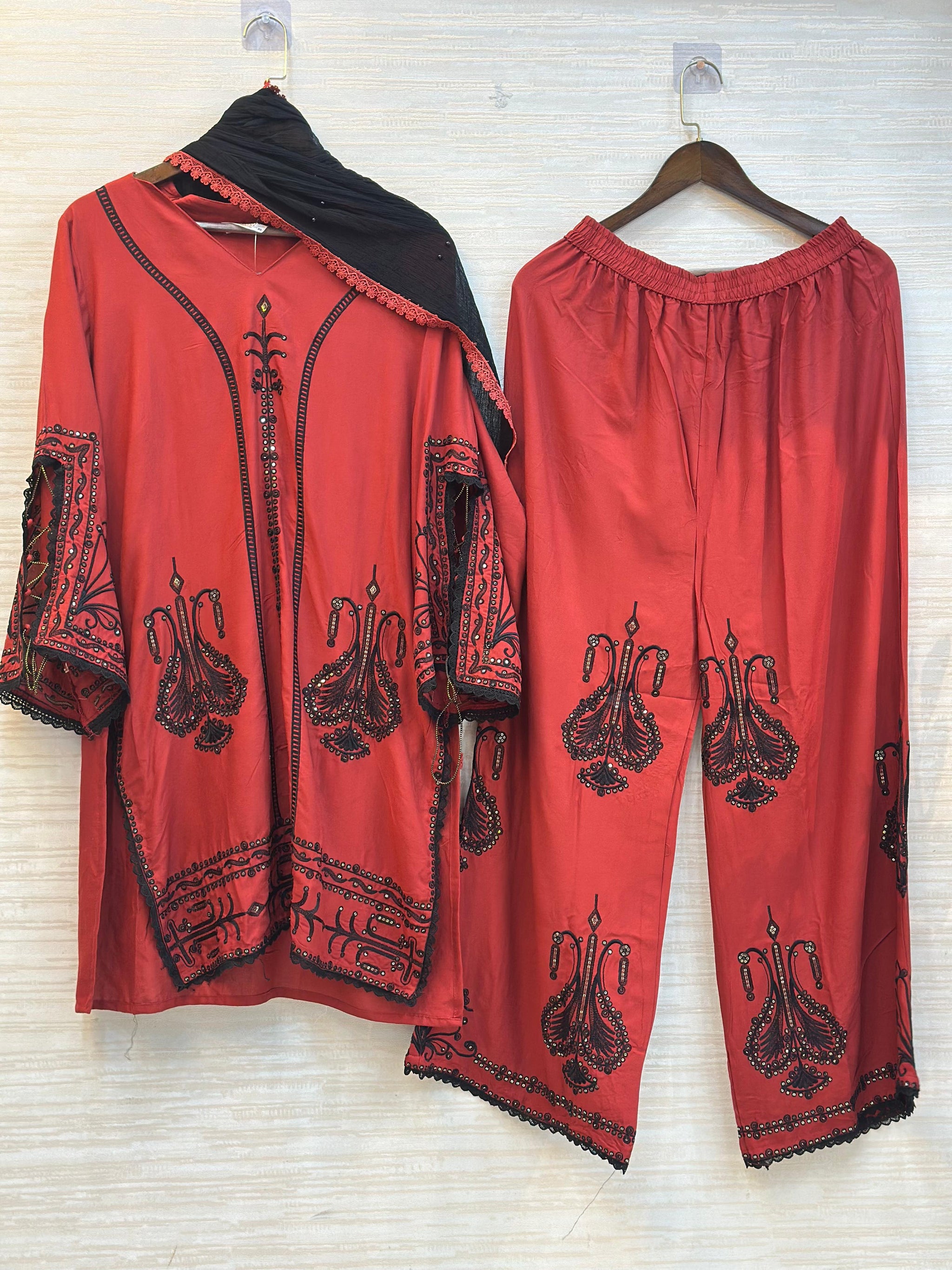 328 Two-Tone Intricately  Embroidered Ethnic Cord Set - Red