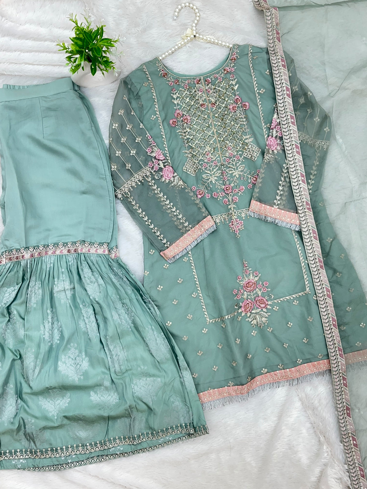 1458 Pakistani Gharara Set - Pistachio Green