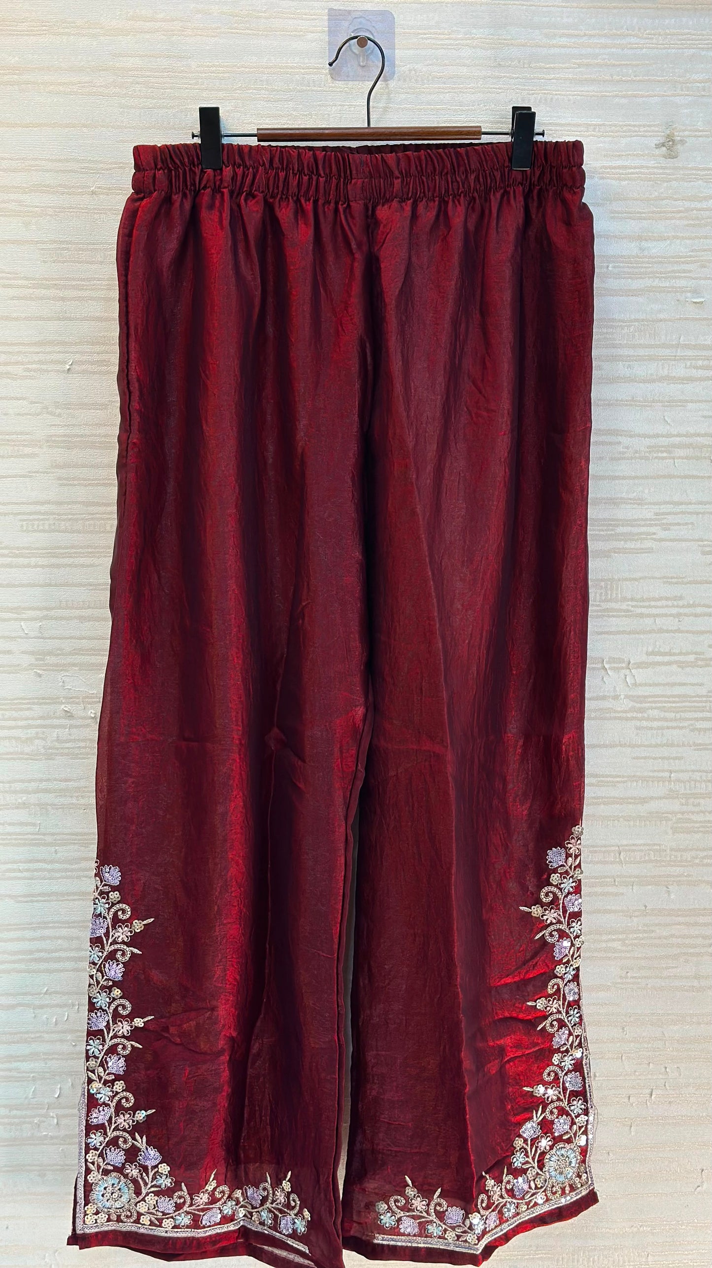 1204 Floral Hand-Work Partywear - Wine Red