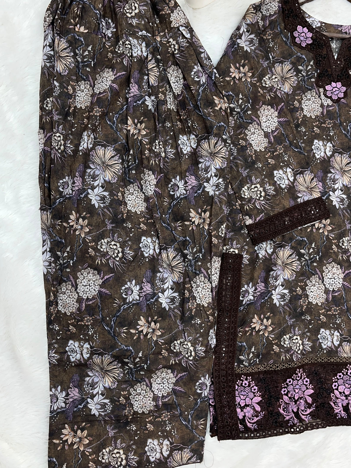 1424 Mausumery Foral Lawn Suit - Brown